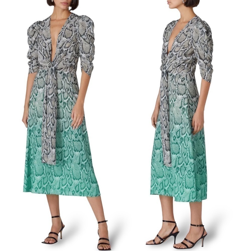 Afrm Ellis Snake Print Dip Dye Front Tie Ombre 3/4” Sleeve Midi Dress NEW Small